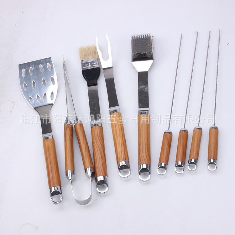 Directo de fábrica barbacoa parrilla mango de plástico parrilla 9 piezas de cartón conjunto de acero inoxidable utensilios de barbacoa al aire libre