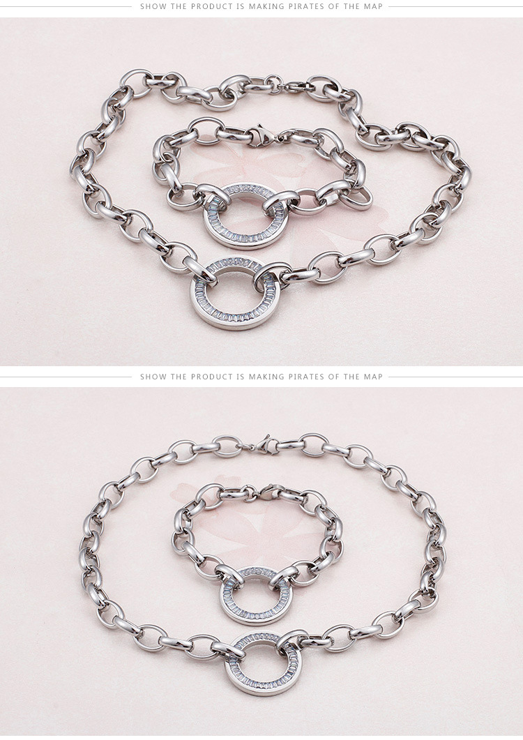 round inlaid diamond bracelet necklaces stainless steel set