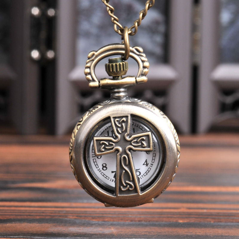 Bronze trumpet cross classical flip necklace pocket watch fine chain carving Hollow watch a generation of 6064
