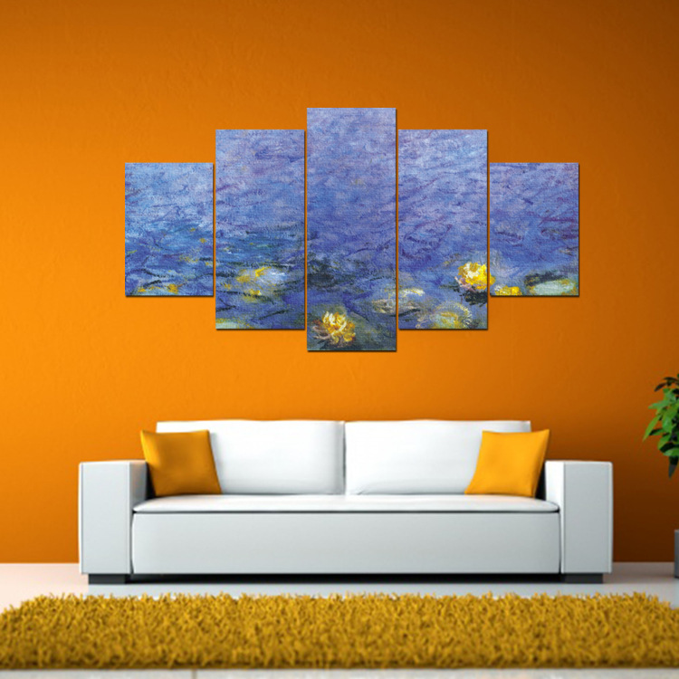 池塘荷花无框批发五拼油画挂画五联画组合客厅装饰画