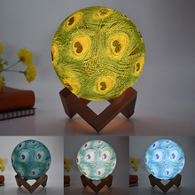 亞馬遜爆款月球燈 兒童禮品創意台燈 彩繪LED孔雀羽毛3D小夜燈