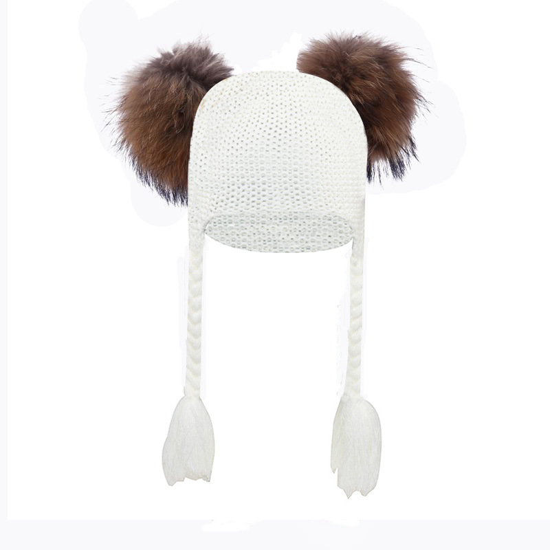 Europeo y Americano DE LOS NIÑOS Lei Feng sombrero del bebé Twist trenza orejeras Otoño e Invierno Bola de piel de mapache sombrero de lana de punto