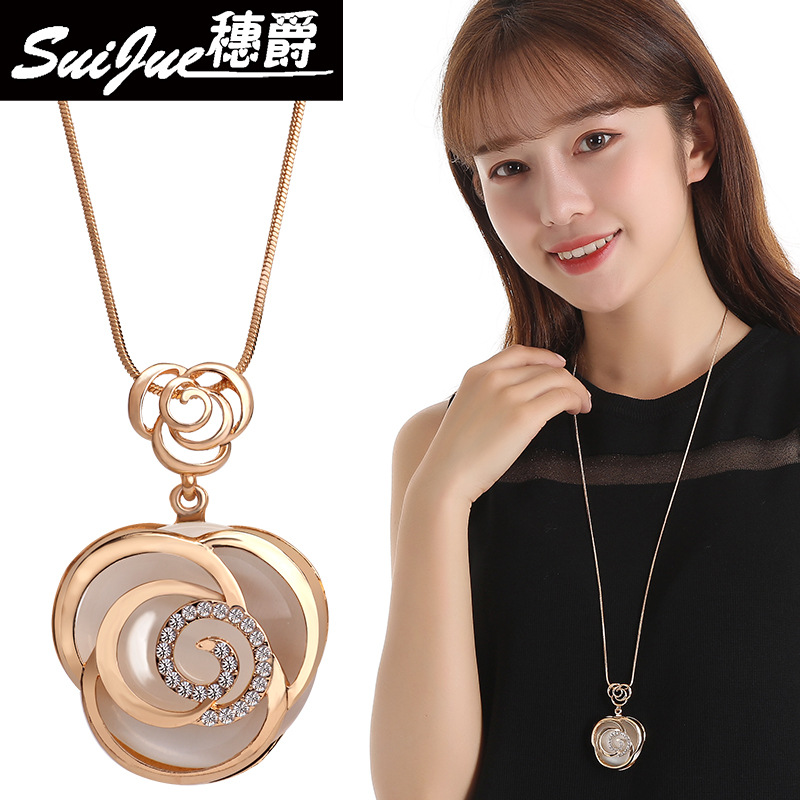 韓版時尚玫瑰花朵毛衣鏈長款項鏈秋冬衣服配飾裝飾飾品跨境批發