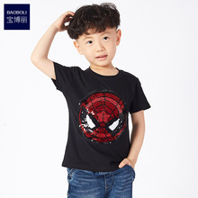 夏季歐美兒童t恤卡通中小童寶寶童裝 蜘蛛俠亮片男童短袖一件代發
