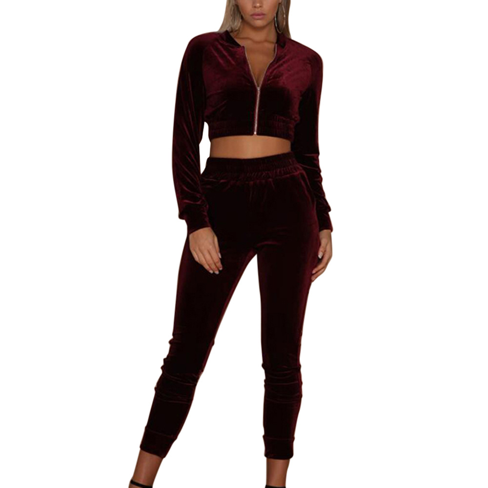 Velvet zip crop top & pants set NSOY45936