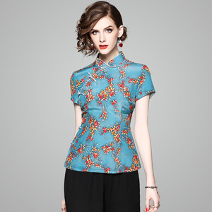 Stand-by-collar silk printing cheongsam slim blouse
