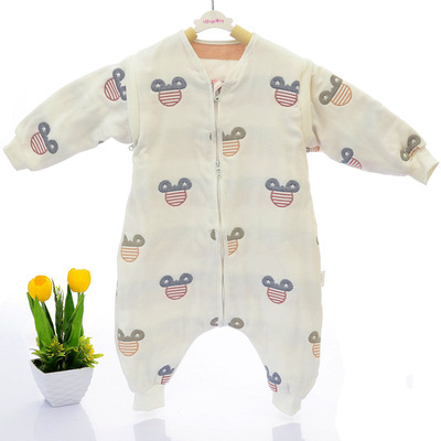 多層六層紗布分腿兒童睡袋嬰兒寶寶爬爬服連體衣長袖可拆廠家批發