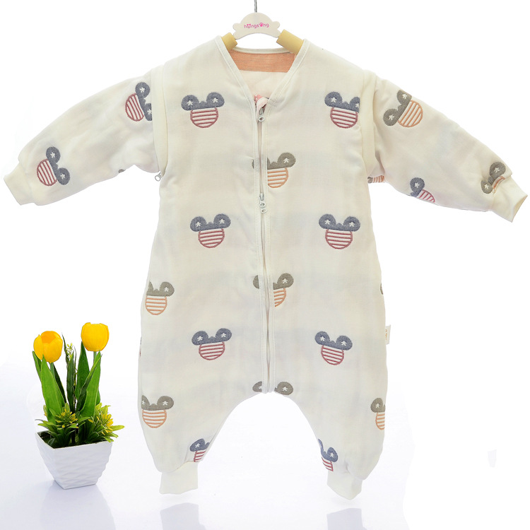 多層六層紗布分腿兒童睡袋嬰兒寶寶爬爬服連體衣長袖可拆廠家批發