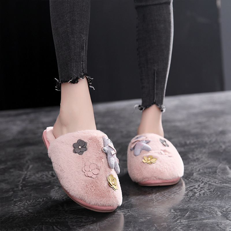 毛绒拖鞋女 秋季2023新款韩版百搭厚底家居保暖拖鞋 一字拖毛毛鞋