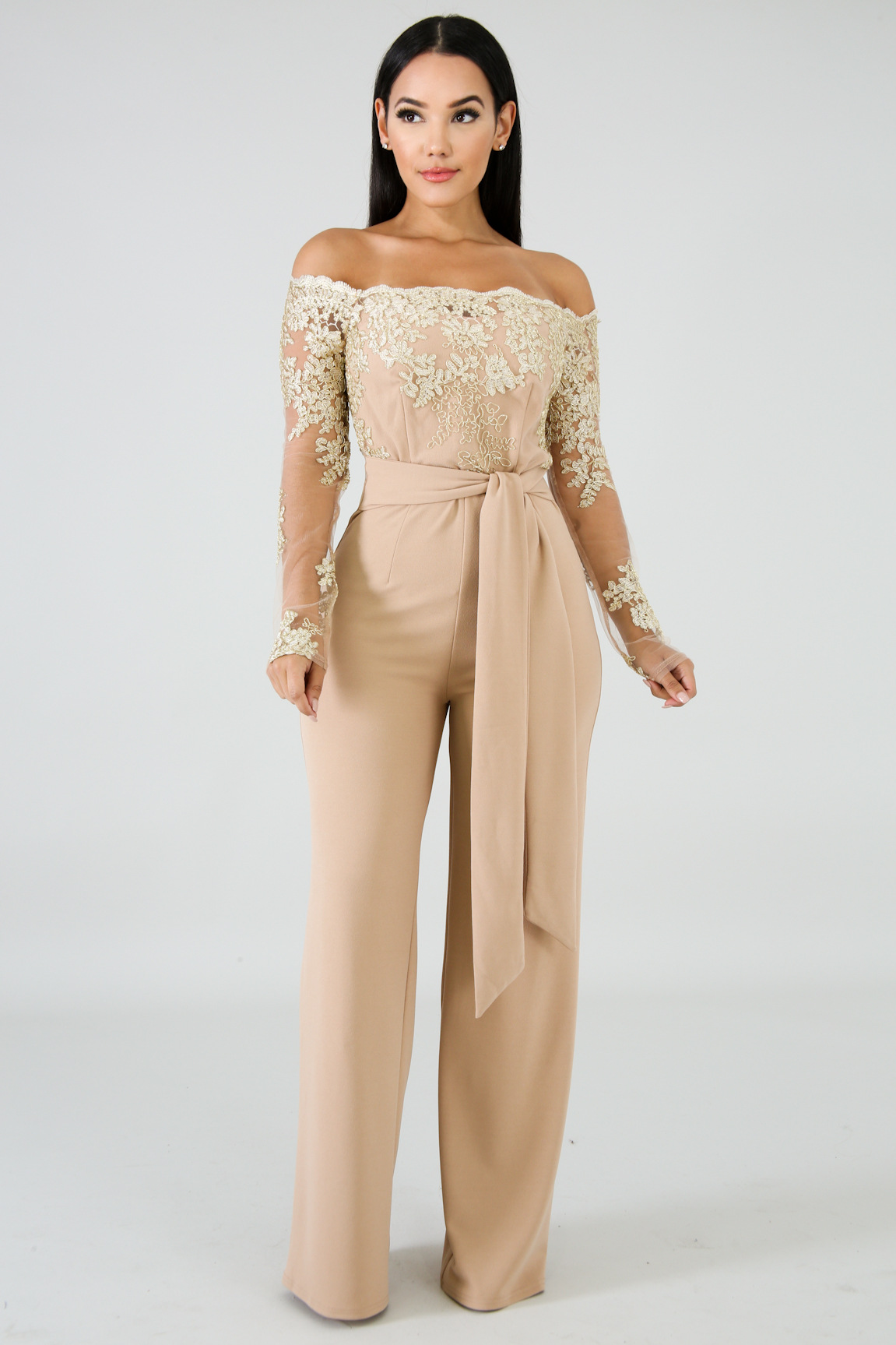 Casual Water-Soluble Lace One-Line Collar Wide-Leg Jumpsuit NSOSM65276