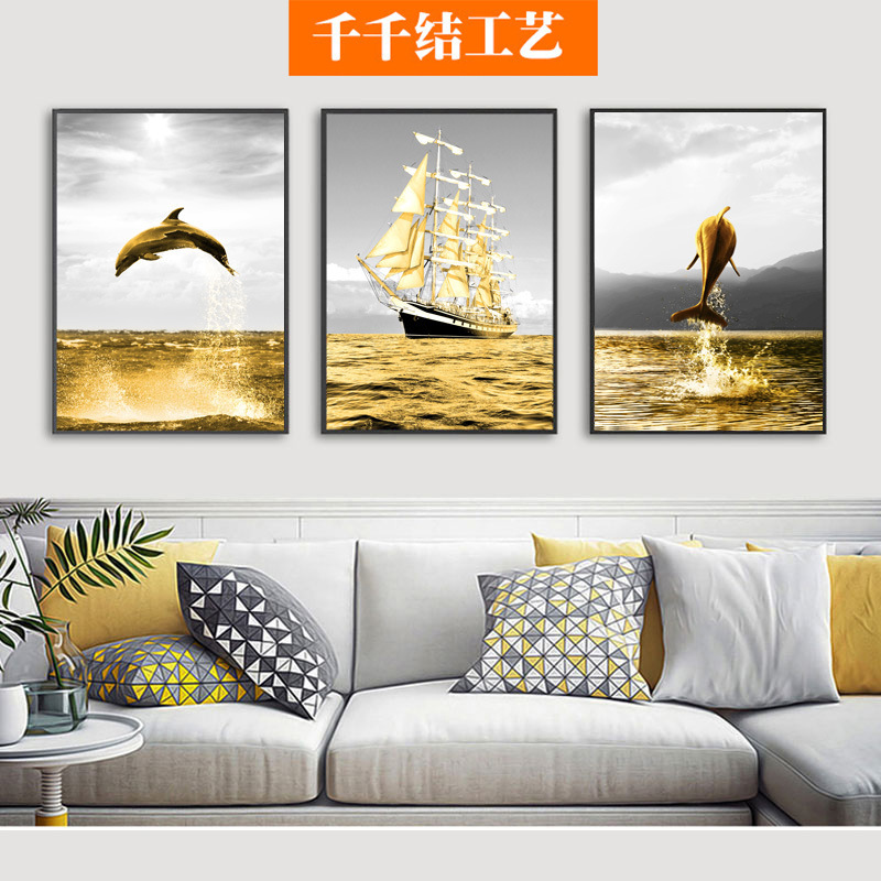 北欧金色帆船装饰画大海客厅现代简约壁画桥建筑挂画工业风灯铁塔|ms