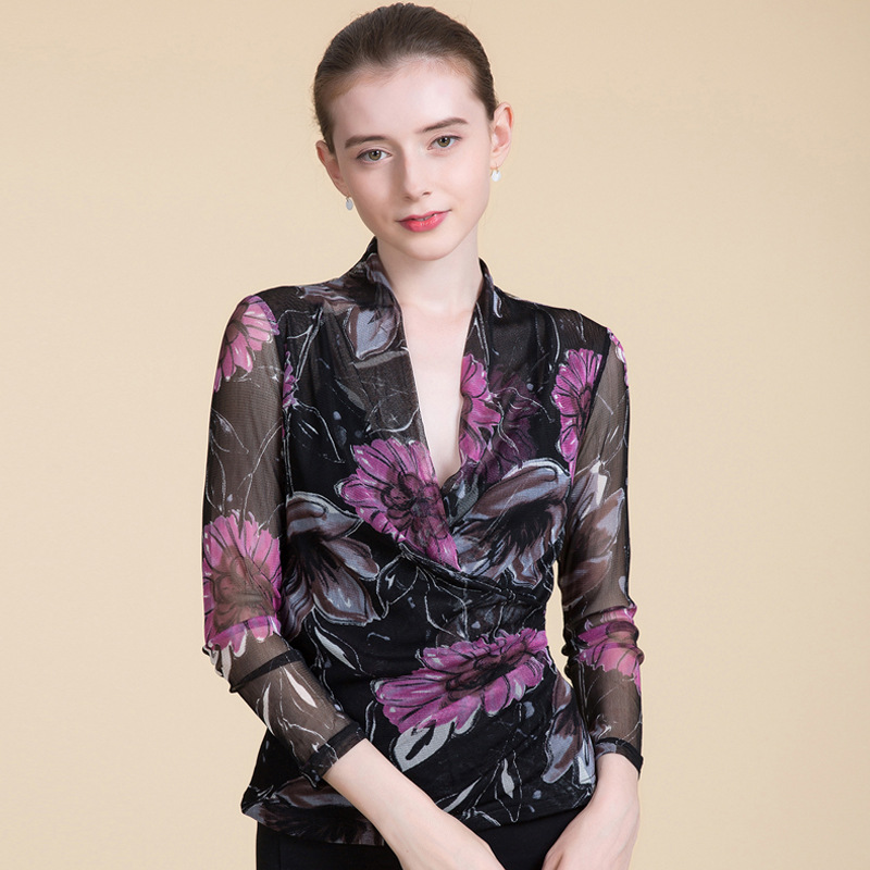 Womens Slim Fit V Neck Silk T Shirt 100 Mulberry Silk Double Layer Printed Design Perfect for Autumn Wholesale