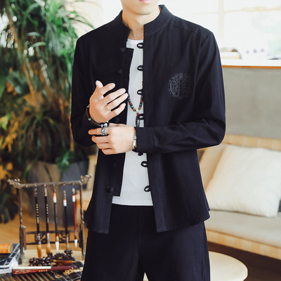 Chinese style Flax shirt men's wear Chinese style Linen frog Long sleeve jacket Youth Easy Cotton and hemp leisure time shirt