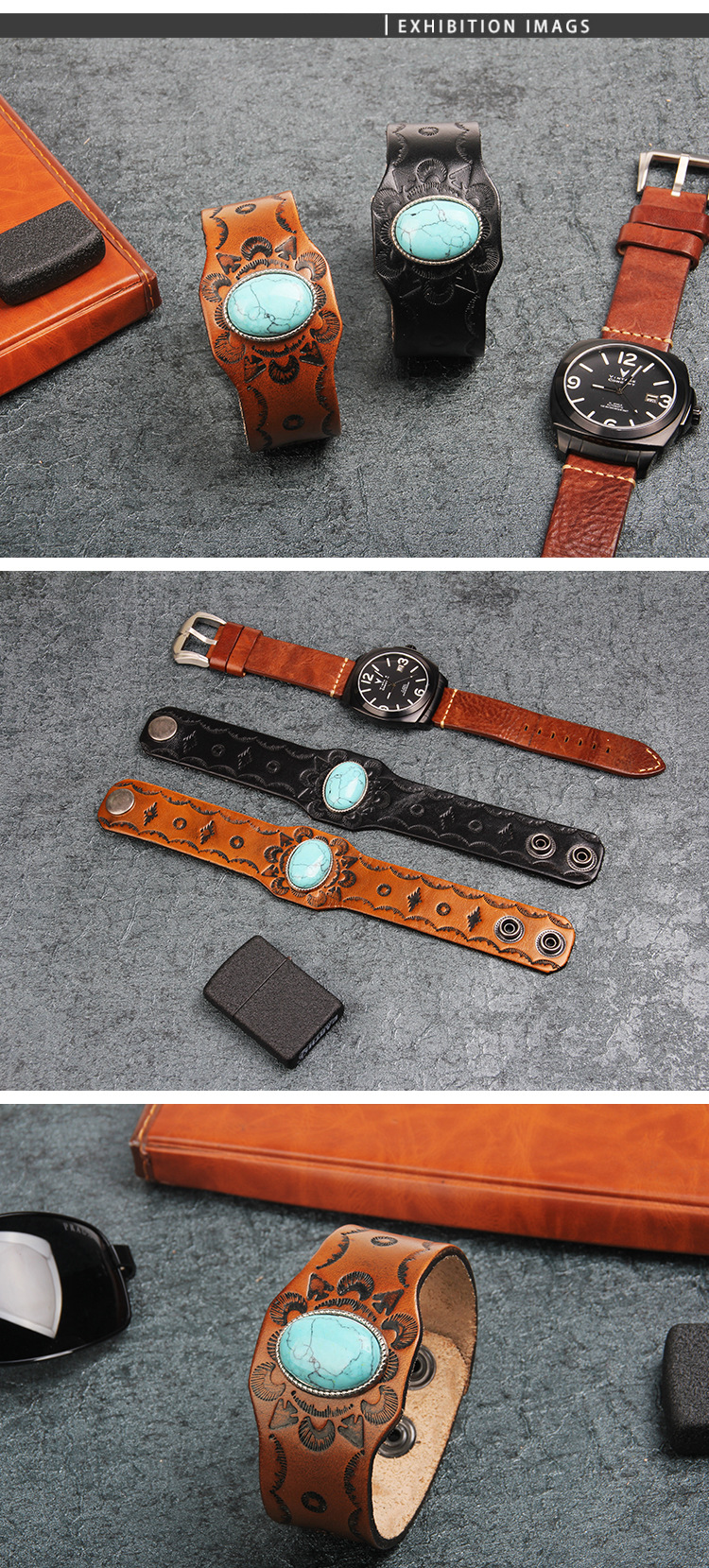 Wide Leather Bracelet Embossed Snap Button Turquoise Couple Bracelet display picture 2