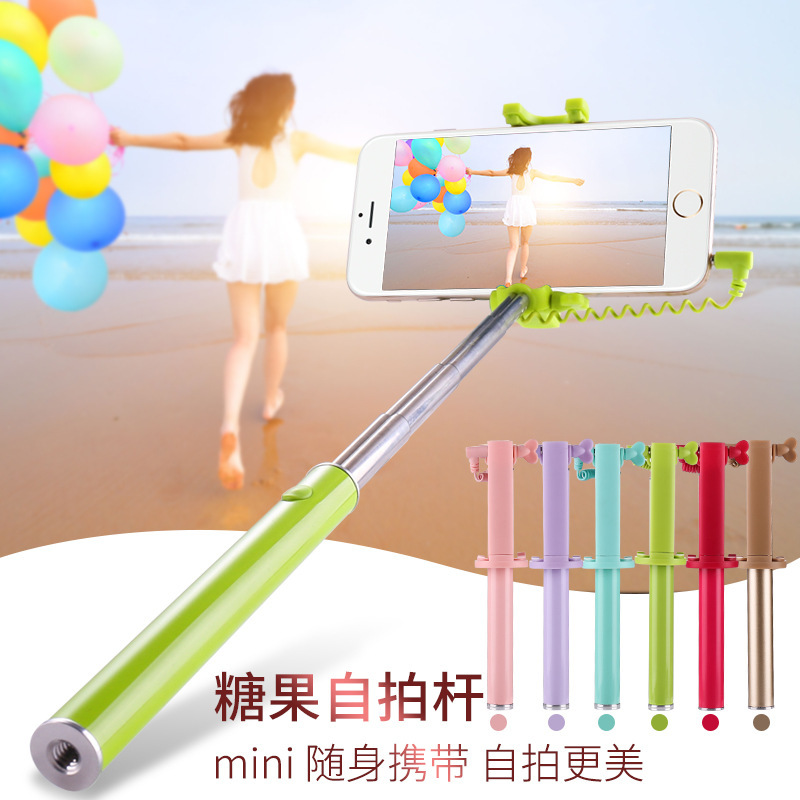 糖果自拍杆神器高颜值迷你自拍神器适用苹果8X便携式折叠自拍杆厂