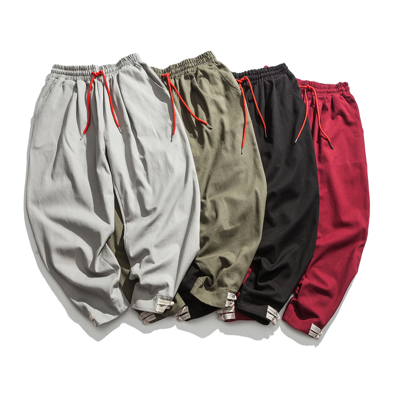 Chinese Style Buckle Solid Color New Loose Cotton Linen Casual Pants Loose Large Size Small Leg Linen Pants for Men