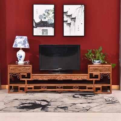 中式简约实木电视机柜客厅 仿古榆木视听柜 卧室雕花原木地柜批发