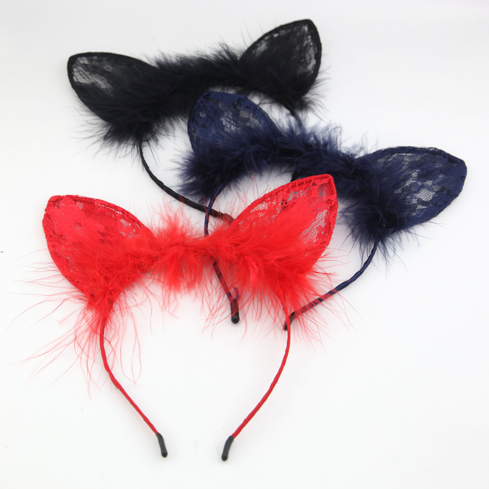 Oreilles De Chat En Dentelle Bande De Cheveux Fins Bandeau De Couleur Unie display picture 13