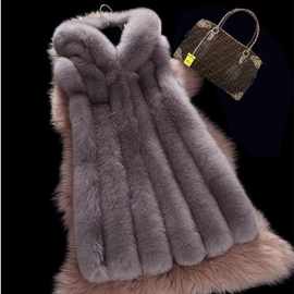 2023秋冬仿狐狸毛马甲中长款女士大衣修身欧美连帽拼接仿皮草外套