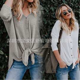 【五色现货】2018早春速卖通亚马逊wish长袖V领女装开衫T恤打底衫