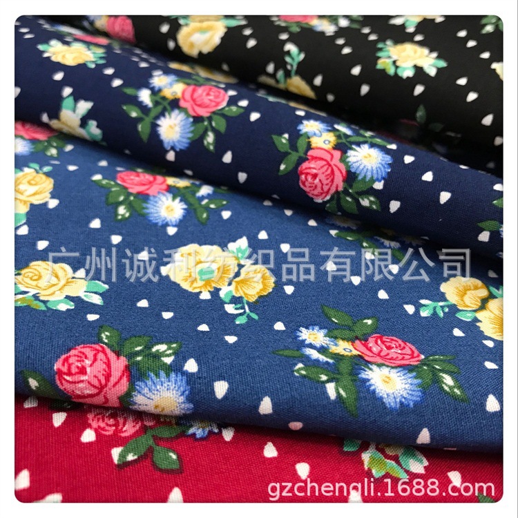 全棉小翠花印花布 白点玫瑰花 女装连衣裙印花布 衬衫印花面料 纺