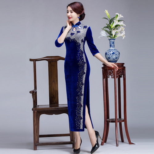 Royal blue wine Velvet beaded Chinese dress qipao long cheongsam women retro slim sexy banquet sequined long cheongsam skirt