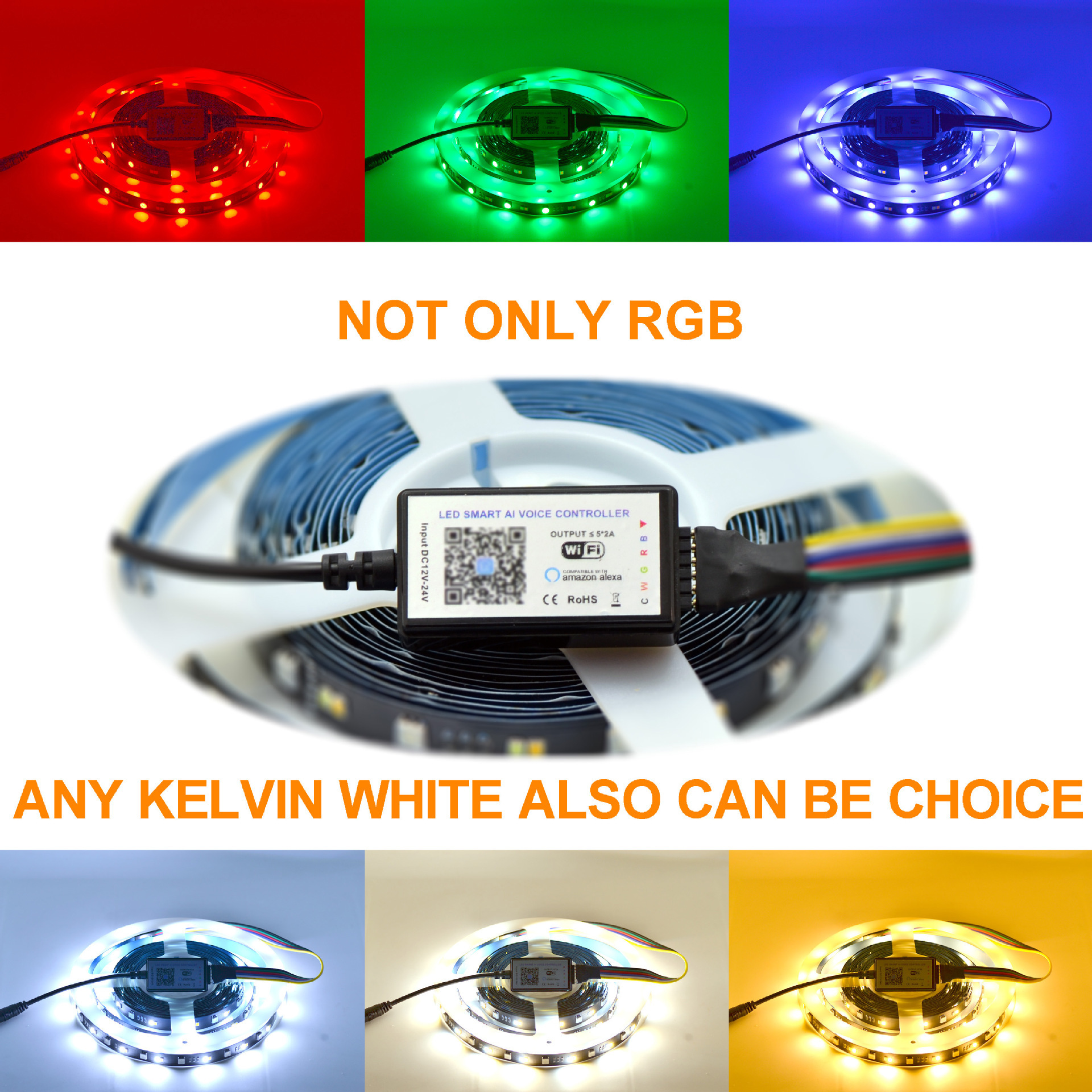 led wifi智能語音 5合1控制器 RGB+正白暖白可調色溫 支持ECHO