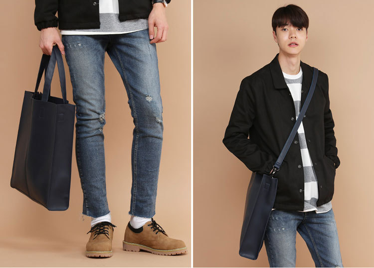 Korean version of fashionable PU leather shoulder bag, simple commuter men's and women's tote bag, square vertical crossbody large-capacity handbag_voghion.com