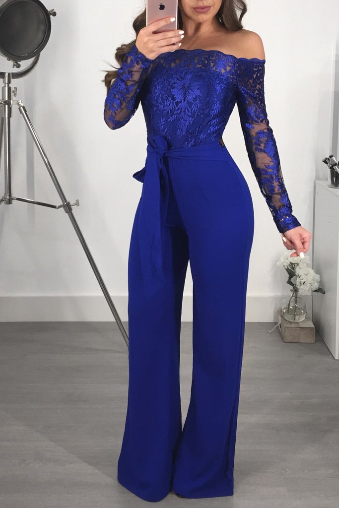 Casual Water-Soluble Lace One-Line Collar Wide-Leg Jumpsuit NSOSM65276