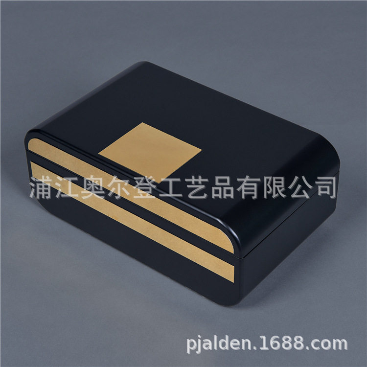 High-end wooden box custom packaging box, golden copper sheet baked varnish gift box, arc-edge arc-shaped handicraft wooden box detail image 1