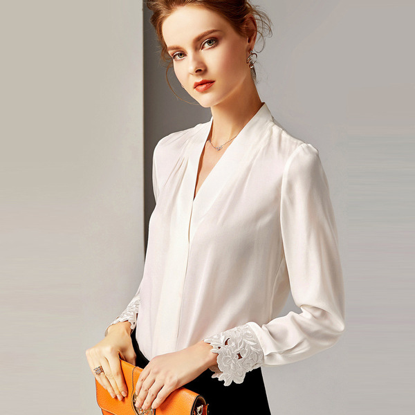 Spring women’s V-Neck long sleeve pure silk shirt retro mulberry silk top