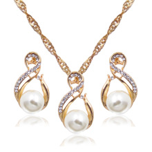 欧美新款几何8字形珍珠镶钻项链耳环套装 婚礼新娘配饰 跨镜专供