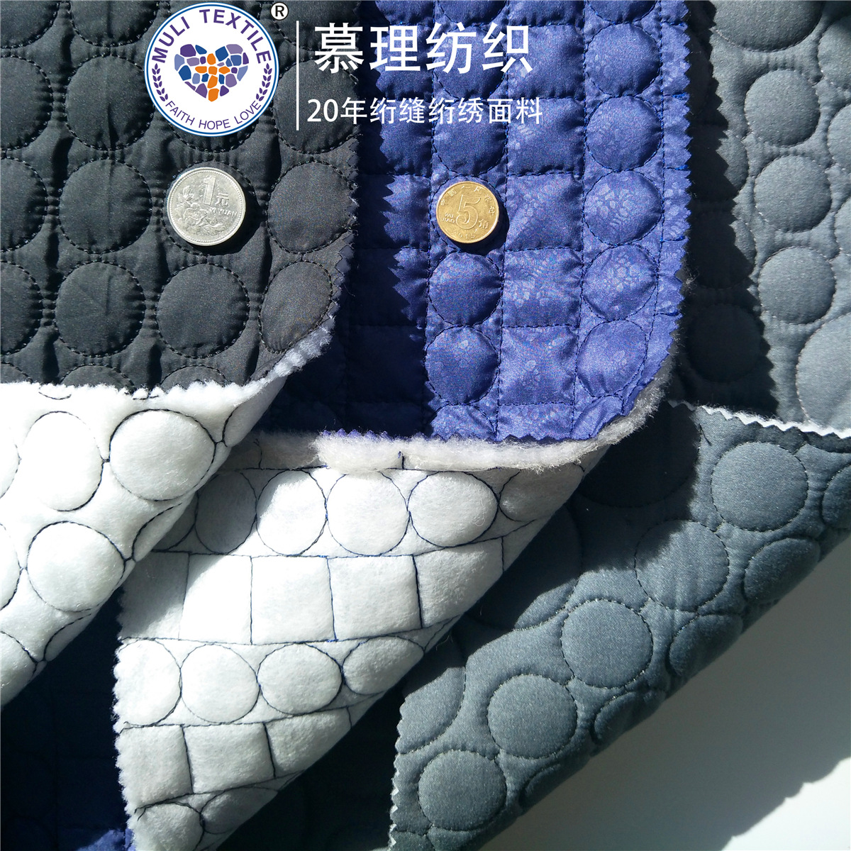 厂家直供 圆圈圆形夹棉电脑绣花面料 棉服风衣布料绣花面料平绣布