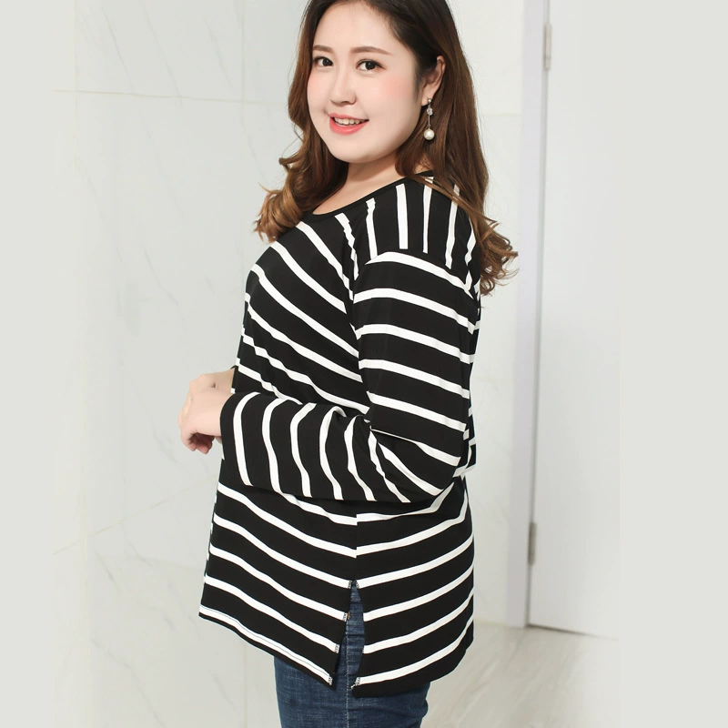Весна и осень Новый подол с разрезом и длинным рукавом, толстая полосатая хлопковая футболка 200 кг плюс Сайз Плюс удобрение поколение волос