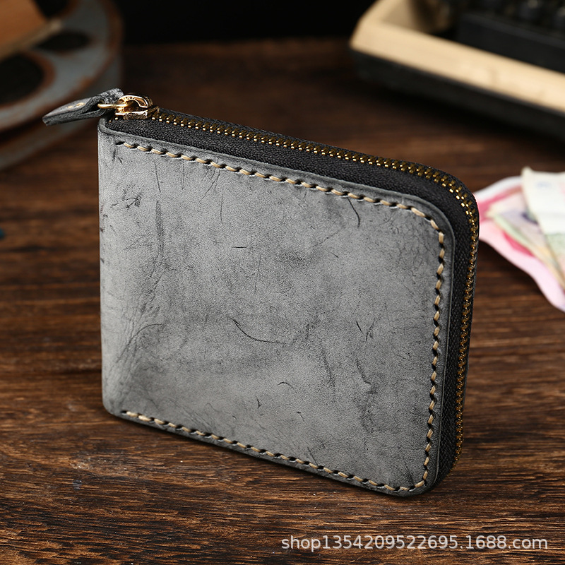 Blue Flag Gege Mist Wax Vegetable Tanned Leather Malle Leather Wax Short Wallet Men's Zipper Cloth Silver Bag