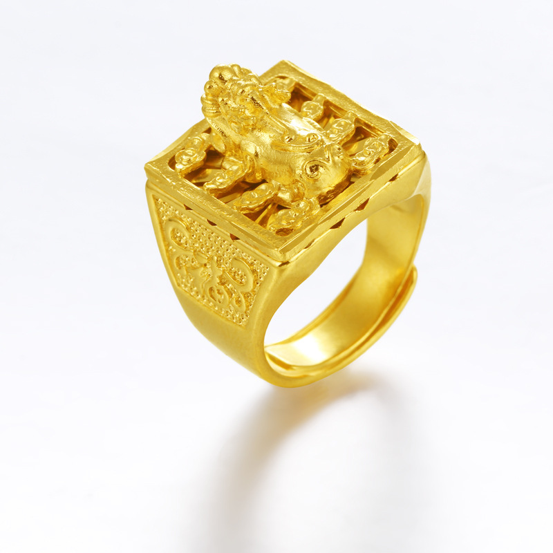招财沙金戒指男士款镀金个性潮霸气貔貅指环开活口戒子