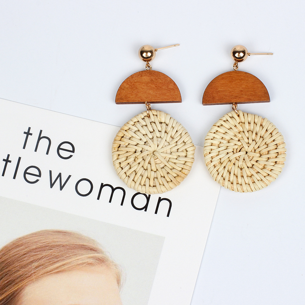 New Straw Woven Round Wood  Retro  Earrings display picture 11