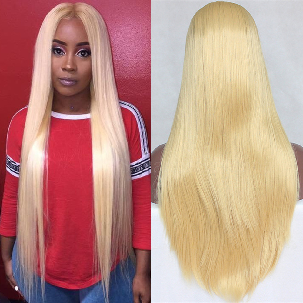 Blonde Long Straight Wig Synthetic Lace Front Wigs Half Hand Tied