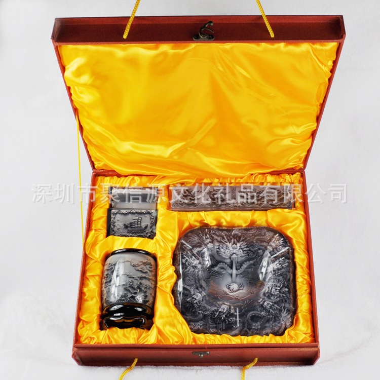 中式水晶浮雕笔筒烟灰缸套装礼盒创意办公室桌面摆件实用商务礼品