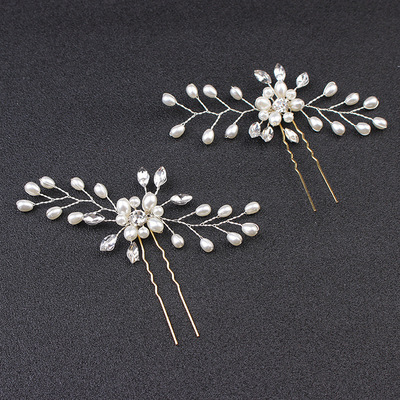 欧式头饰配饰新娘手工珍珠水钻花朵丝新娘发簪叉白色婚纱皇冠饰品