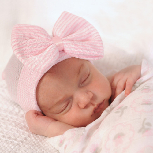 European and American Baby Knitted Hat, Baby Hat with Big Bow, Striped Hooded Cap for Children, Autumn and Winter Newborn Toddler Hat