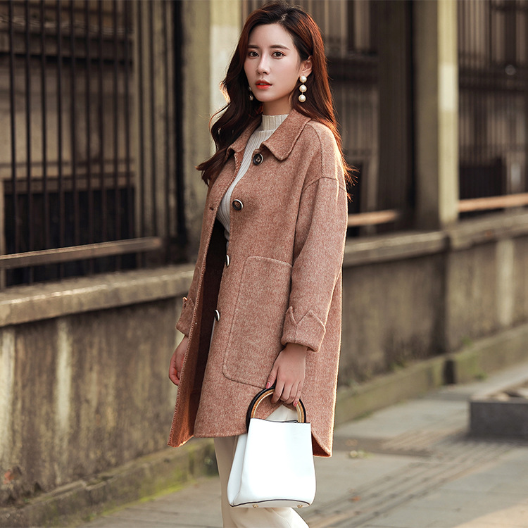 一件代发阿尔巴卡羊驼绒秋冬新款韩版短款休闲斜纹双面羊绒大衣女