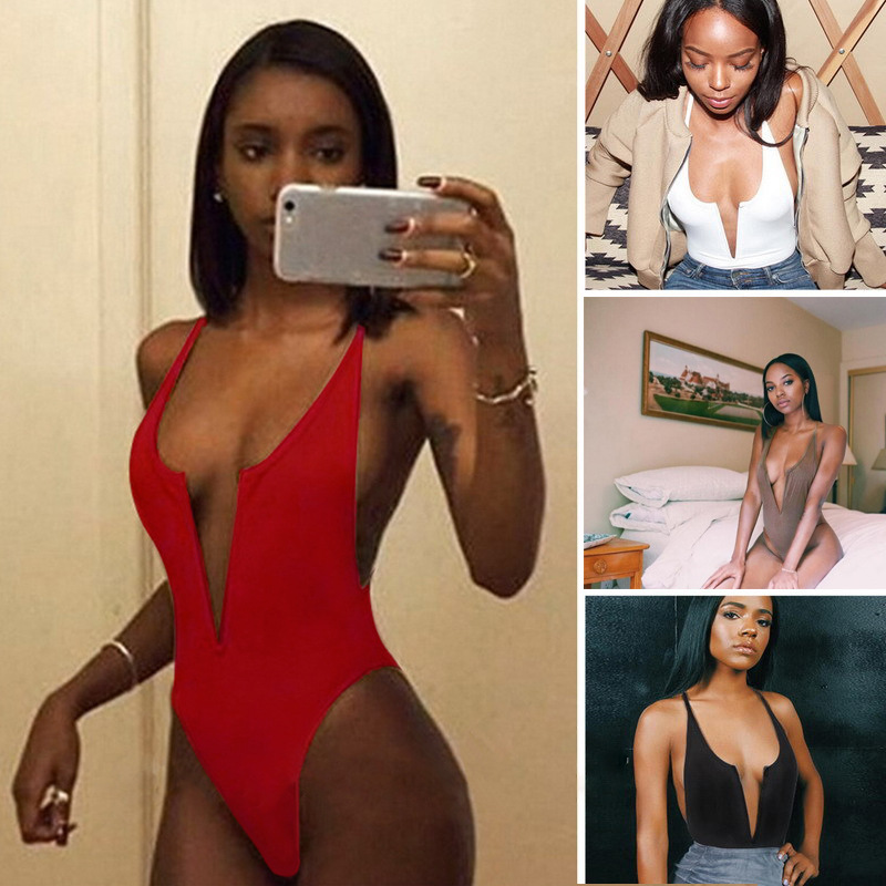 Deep V Neck Halter Bodysuit Sexy Backless Design Adjustable Straps Comfortable Fabric Perfect for Beachwear or Pool