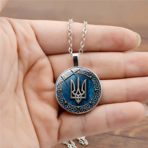 Ukrainian Flag Trident Time Gem Necklace Women's Versatile European and American Popular Pendant Retro Long Sweater Chain