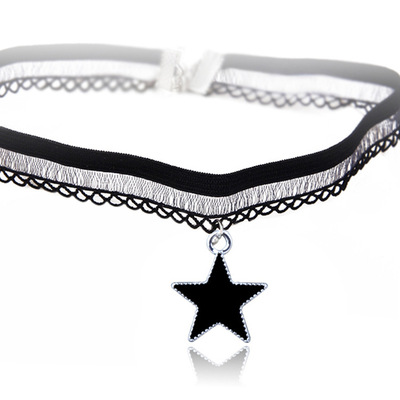 韓版原宿夜店潮人 絨帶鎖骨鏈 複古五角星頸鏈 黑色蕾絲短款項鏈