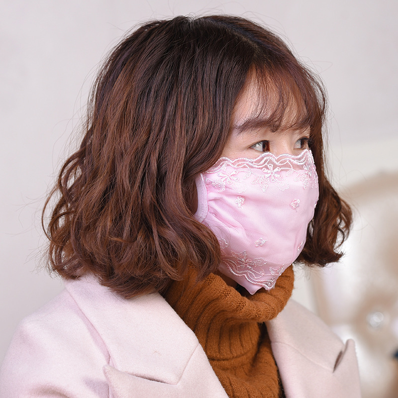春季新款棉布蕾丝刺绣女士口罩 时尚女生户外挂耳式防尘口罩批发|ms