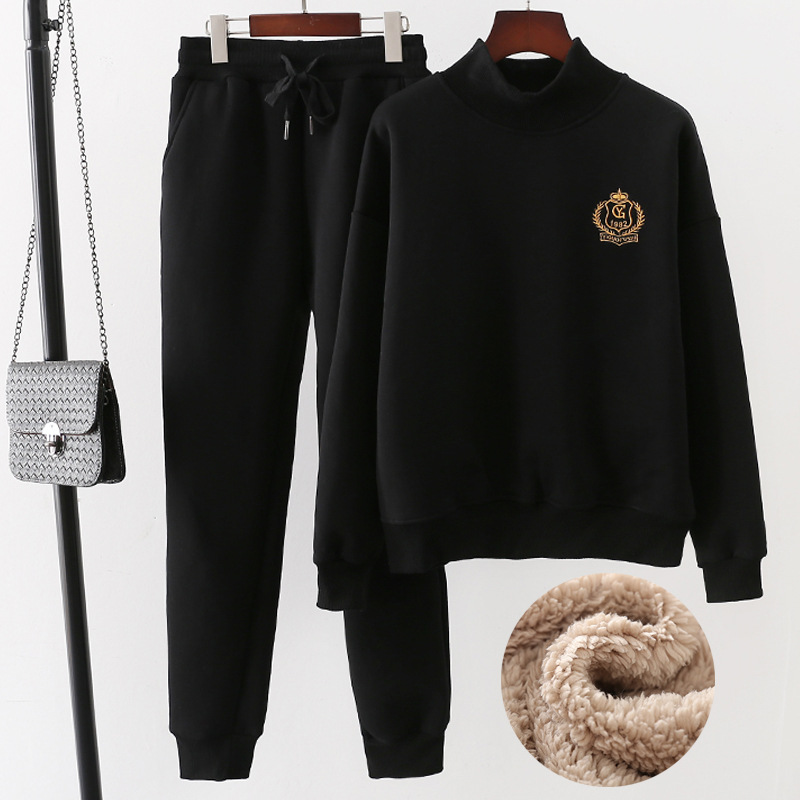 Women's Clothing Lambskin Thickened Sweater Two piece Set Women's Winter Large Size Loose Plush Pullover Casual Half Turtleneck Wool Sports Suit_voghion.com