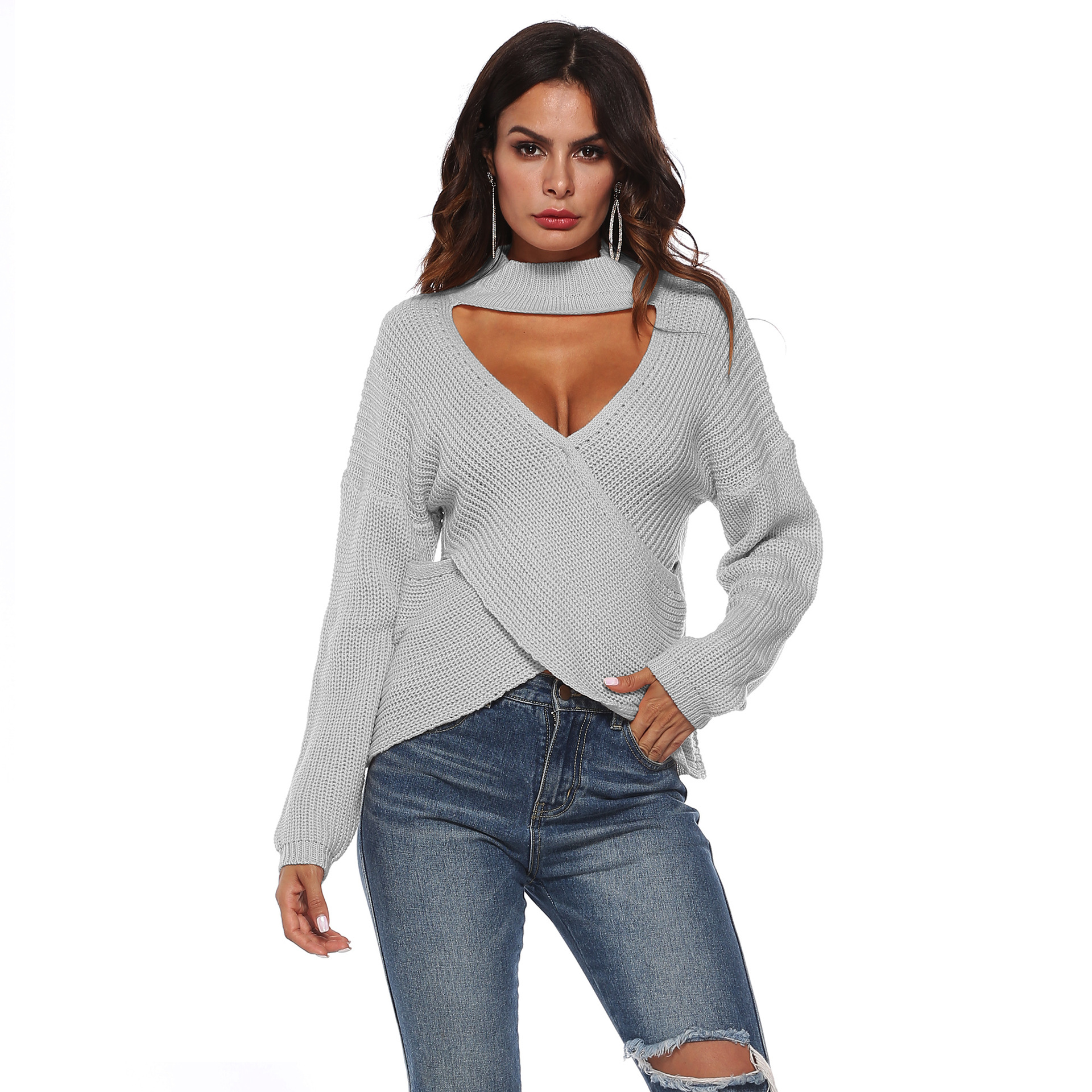 Knit Sweater Sexy Cross Front Design Long Sleeve High Neck Irregular Hem Autumn Winter Fashion Wholesale Available