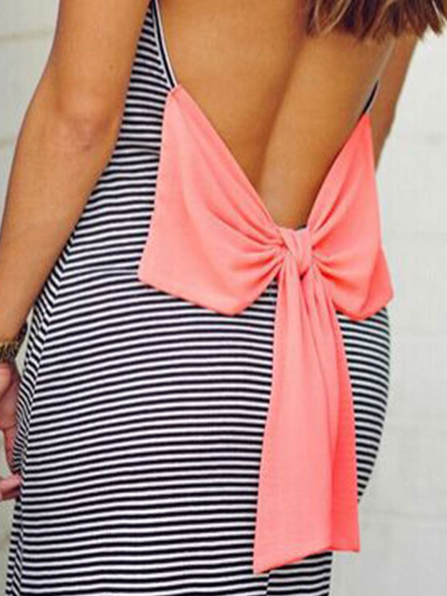 Striped Backless Maxi Dress with Bow Tie Slim Fit Spaghetti Straps Elegant Evening Gown Perfect for Parties and