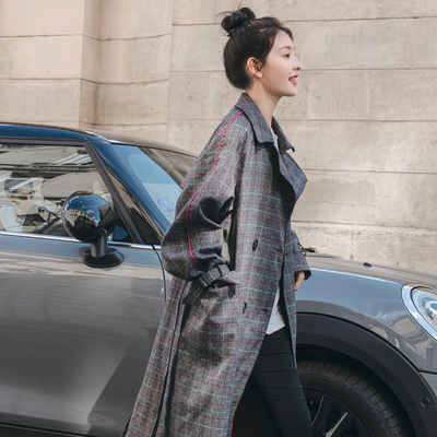 實拍春秋季新款韓版格子風衣女中長款學生bf寬松百搭港風複古外套